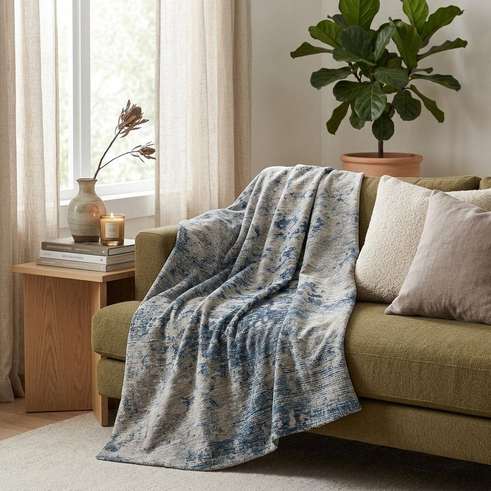 50" X 70" Blue Beige And Ivory Abstract Plush Throw Blanket