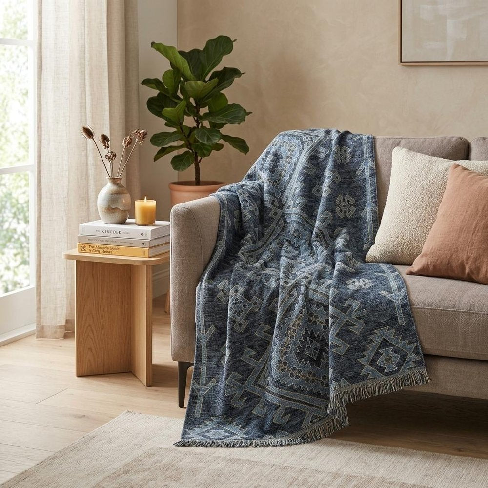 50" X 70" Blue And Teal Southwestern Plush Throw Blanket