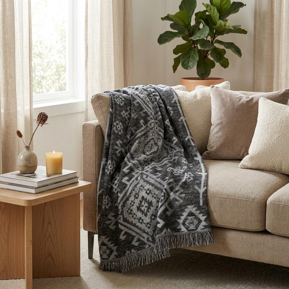 50" X 70" Charcoal And Gray Southwestern Plush Throw Blanket