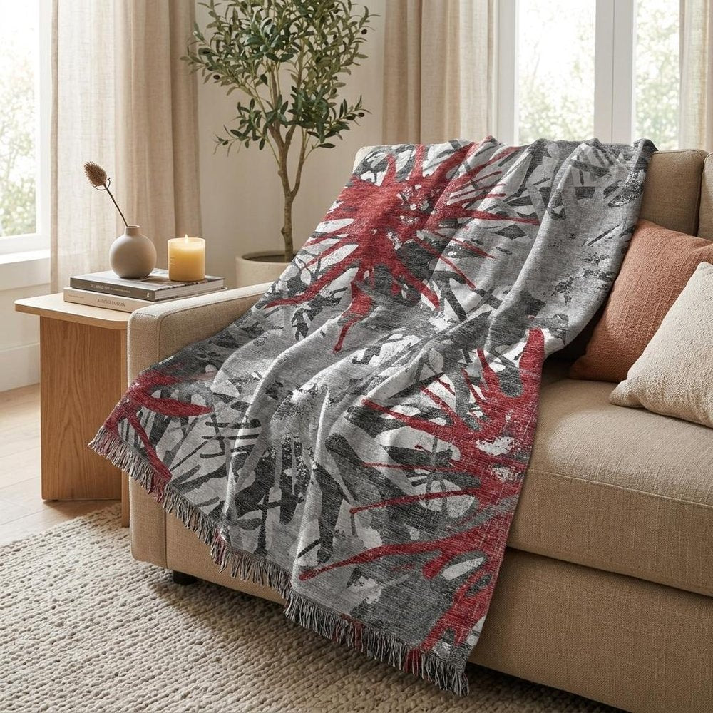 50" X 70" Red And Gray Abstract Plush Throw Blanket