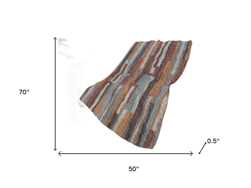 50" X 70" Rust Blue And Beige Abstract Plush Throw Blanket
