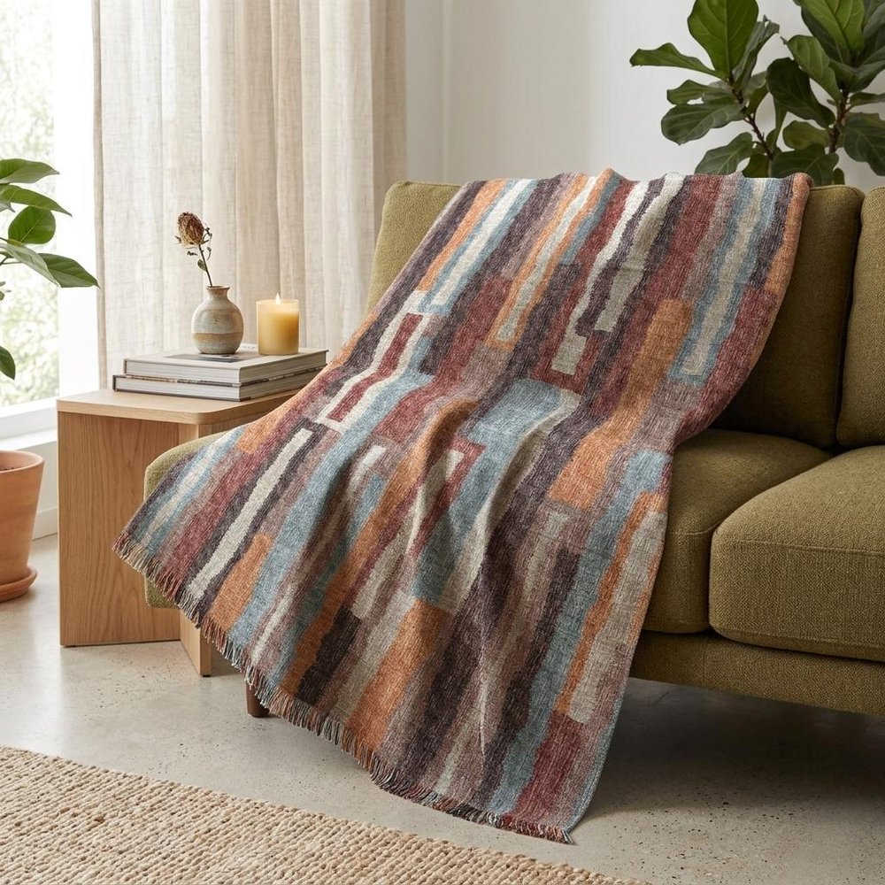 50" X 70" Rust Blue And Beige Abstract Plush Throw Blanket