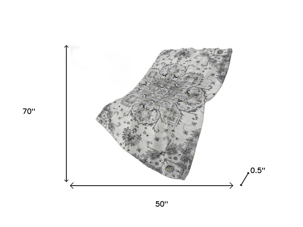 50" X 70" Charcoal Gray And Ivory Floral Plush Throw Blanket