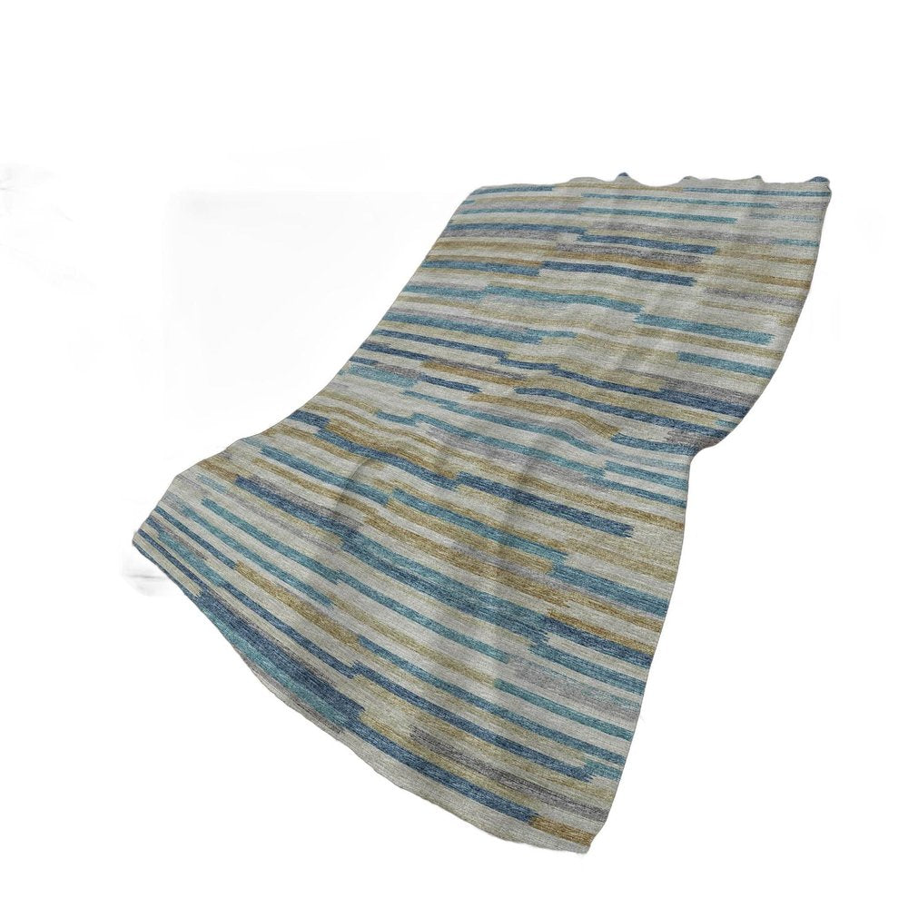 50" X 70" Blue Gold And Beige Abstract Plush Throw Blanket