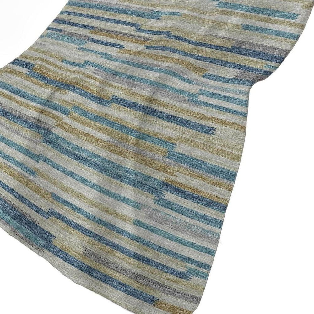 50" X 70" Blue Gold And Beige Abstract Plush Throw Blanket