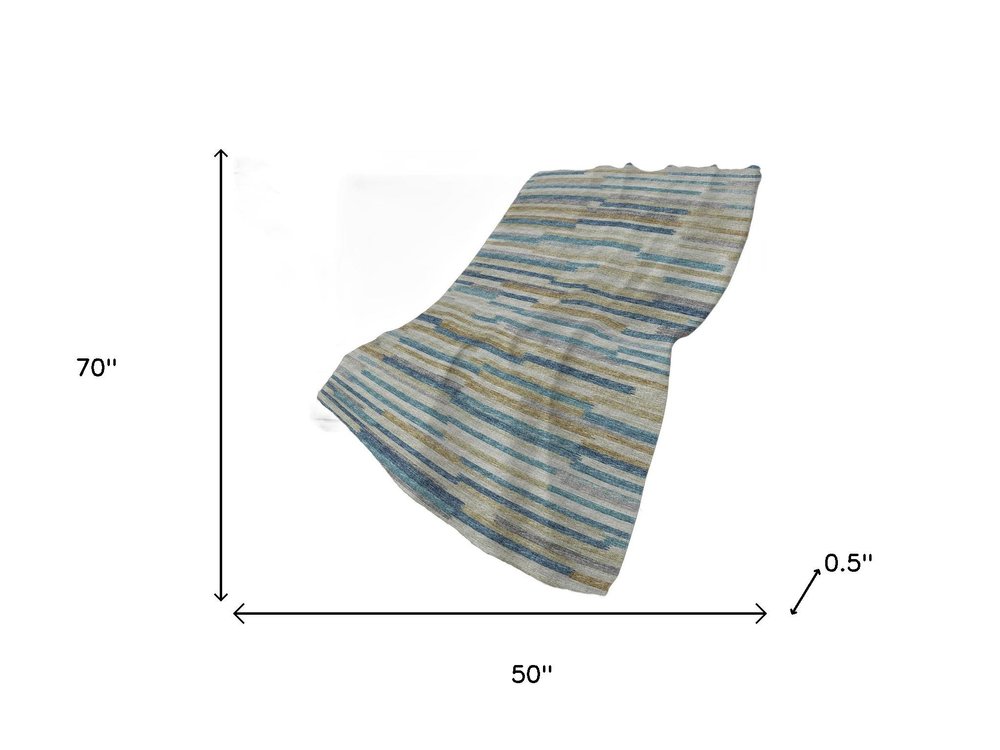 50" X 70" Blue Gold And Beige Abstract Plush Throw Blanket