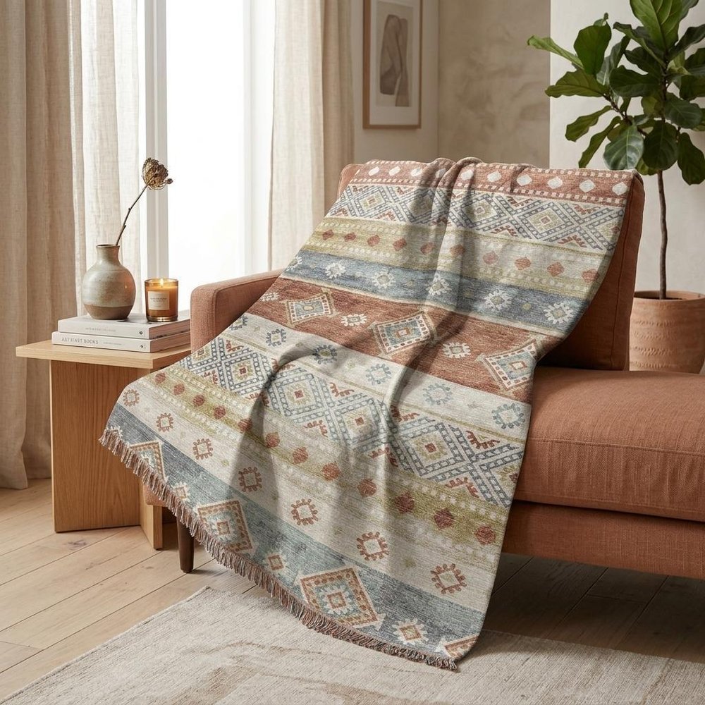 50" X 70" Desert Sand Rust And Ivory Geometric Plush Throw Blanket