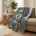 50" X 70" Gray Ivory And Gold Floral Plush Throw Blanket
