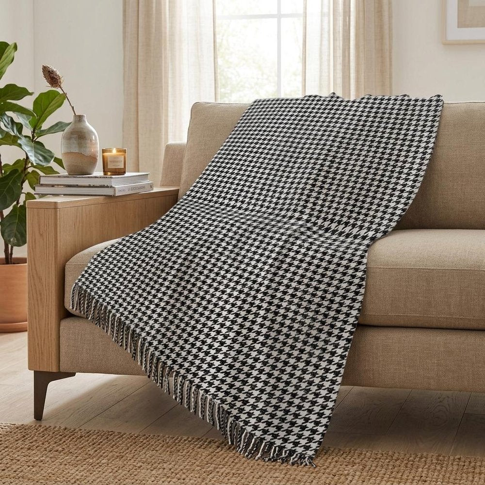 50" X 70" Black And White Houndstooth Plush Throw Blanket