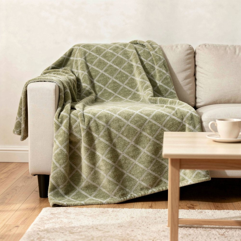 50" X 70" Artichoke Green And Beige Microfiber Geometric Plush Throw Blanket