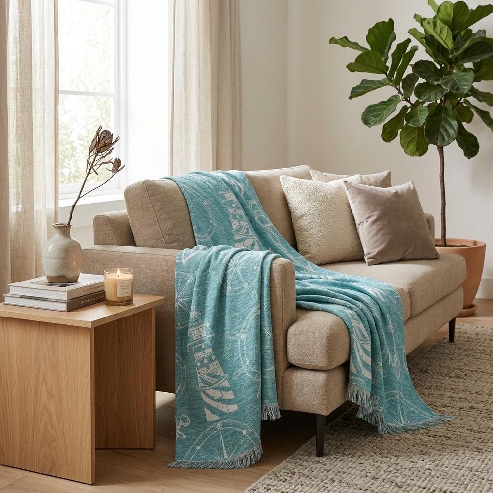 50" X 70" Teal And Ivory Geometric Plush Throw Blanket