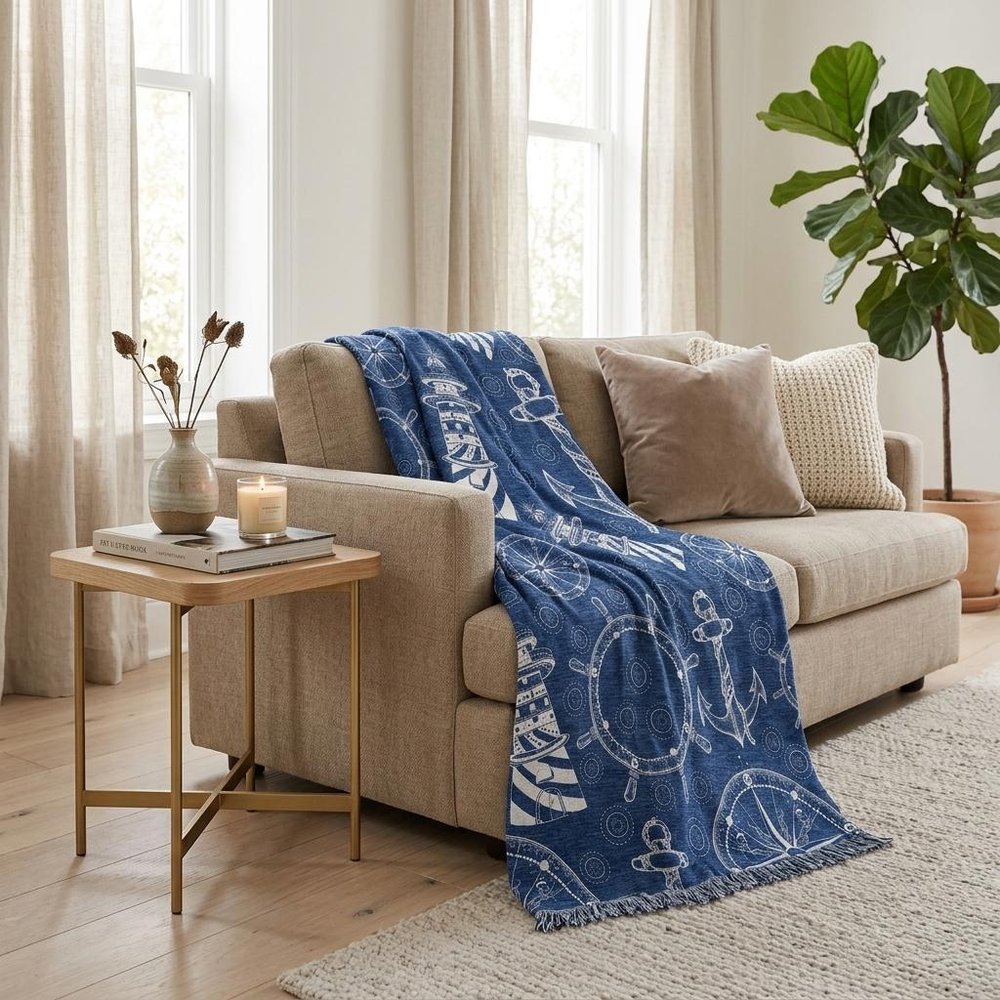 50" X 70" Navy Blue And Ivory Geometric Plush Throw Blanket