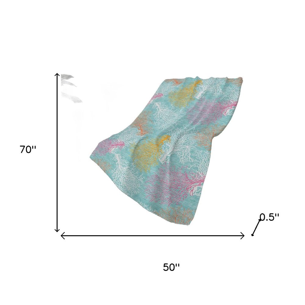 50" X 70" Aqua Pink And Yellow Floral Plush Throw Blanket