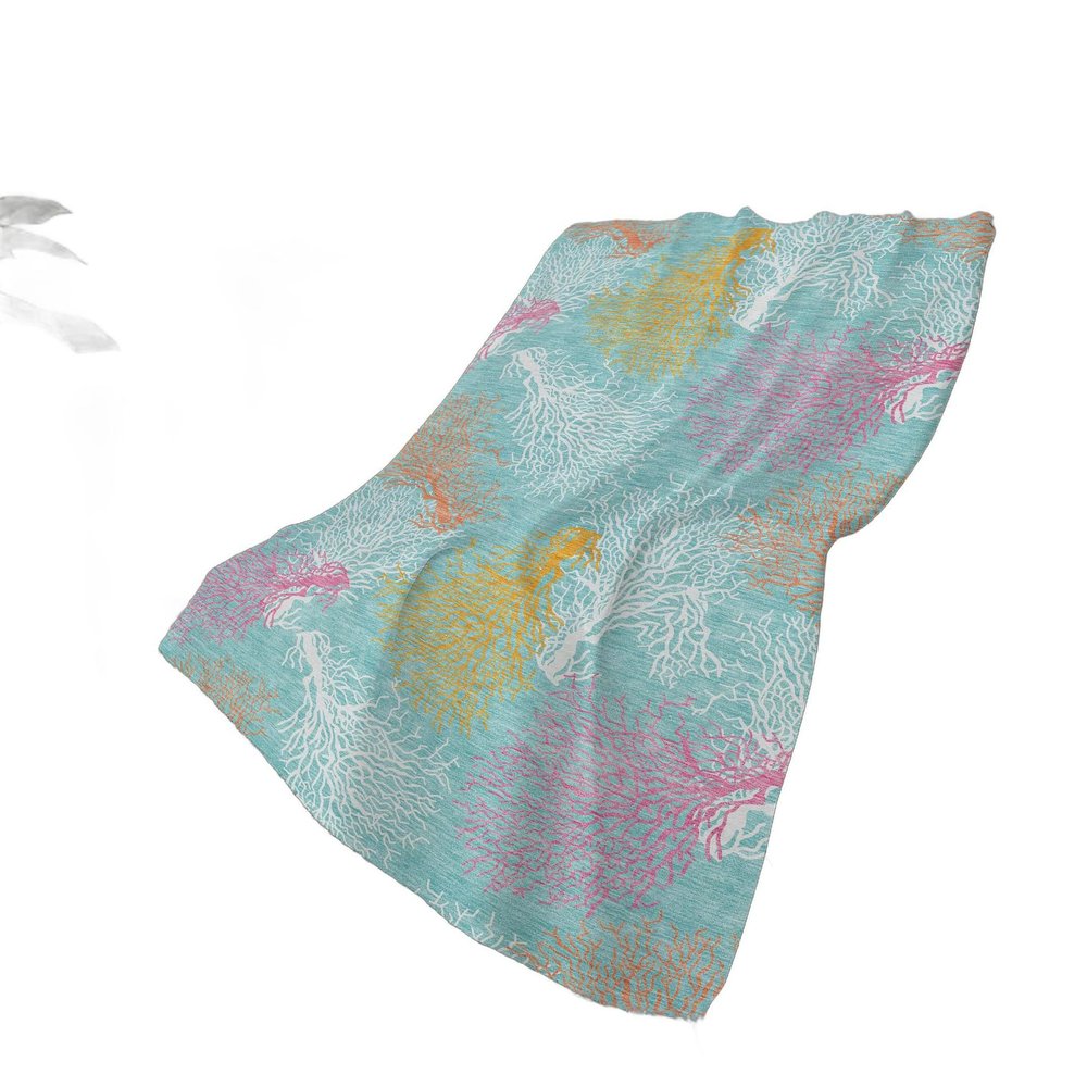 50" X 70" Aqua Pink And Yellow Floral Plush Throw Blanket