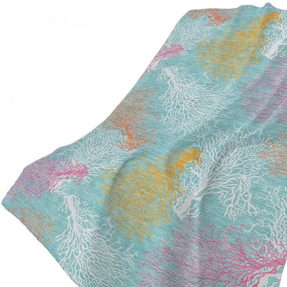50" X 70" Aqua Pink And Yellow Floral Plush Throw Blanket
