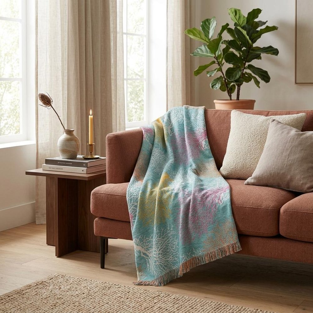 50" X 70" Aqua Pink And Yellow Floral Plush Throw Blanket