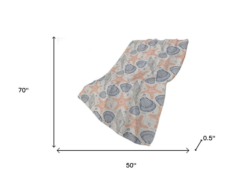 50" X 70" Peach Ivory And Blue Animal Print Plush Throw Blanket