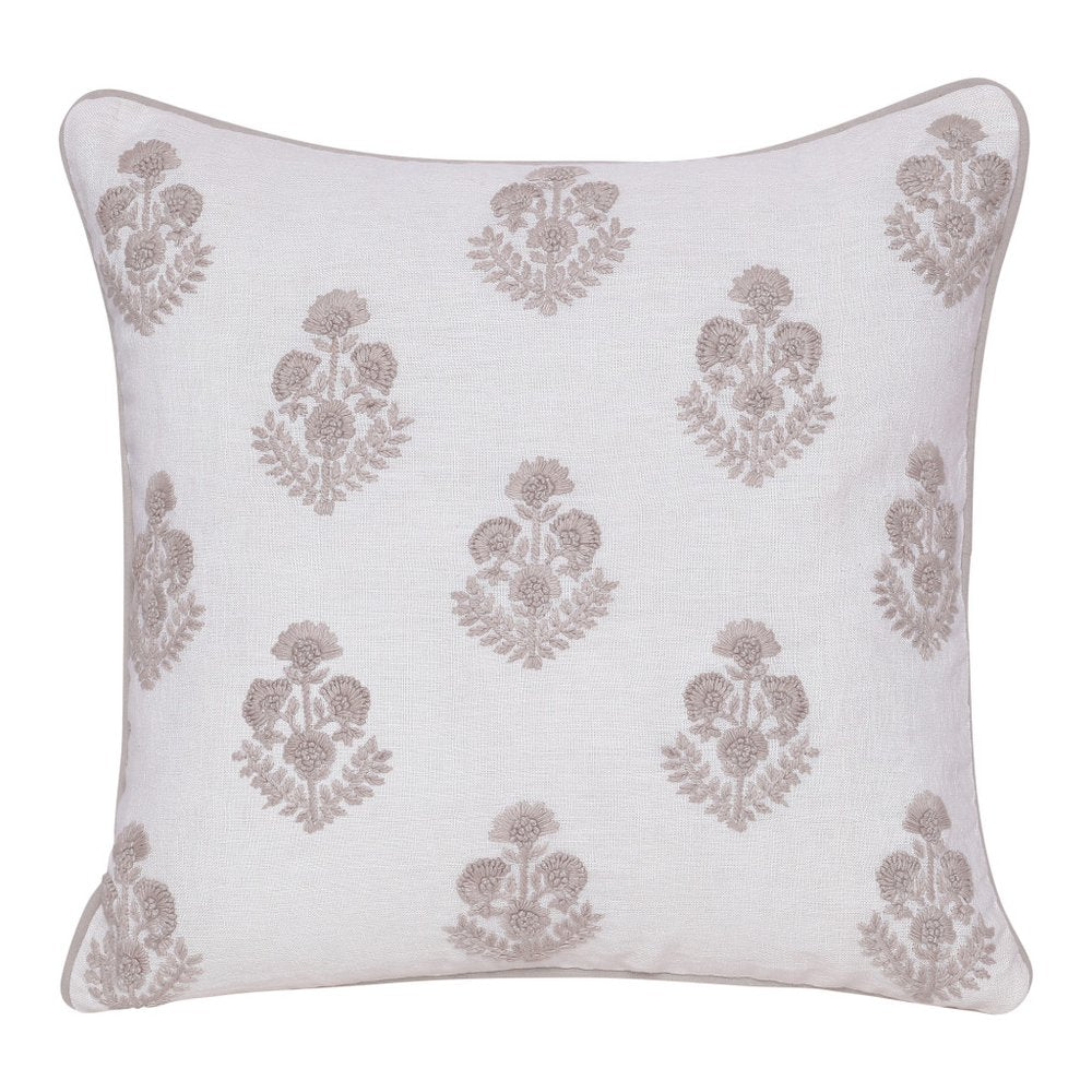20" Off White And Taupe Floral Linen Throw Pillow Cover with Embroidery