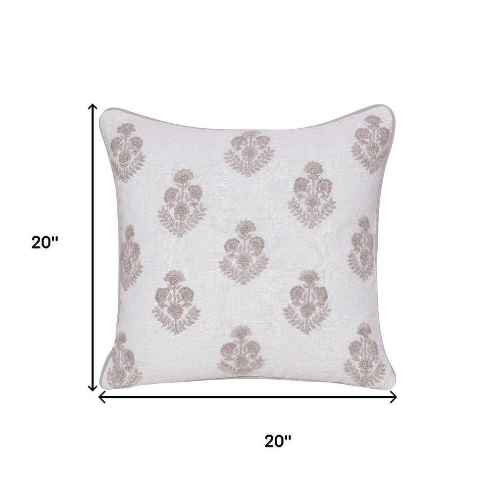 20" Off White And Taupe Floral Linen Throw Pillow Cover with Embroidery