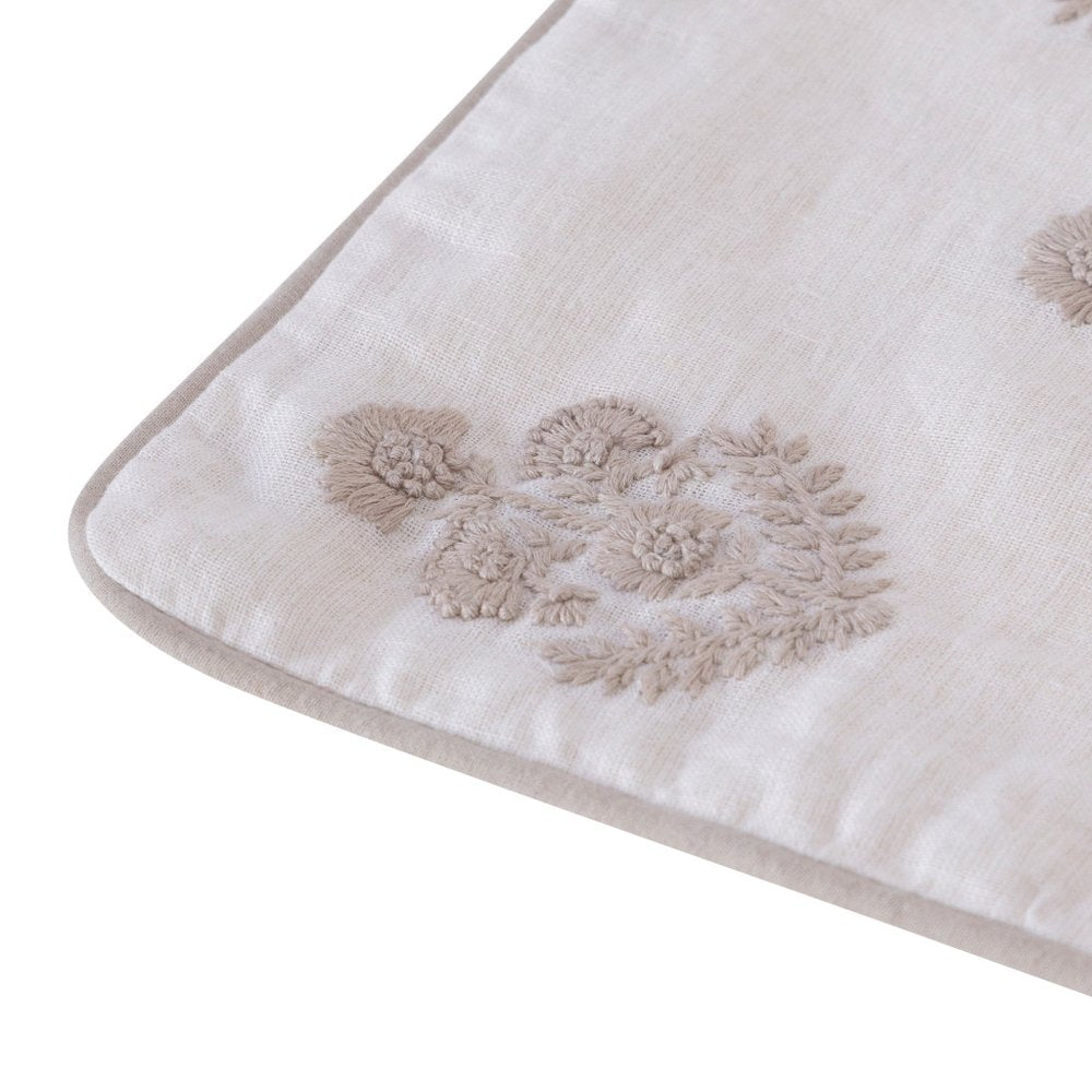 20" Off White And Taupe Floral Linen Throw Pillow Cover with Embroidery