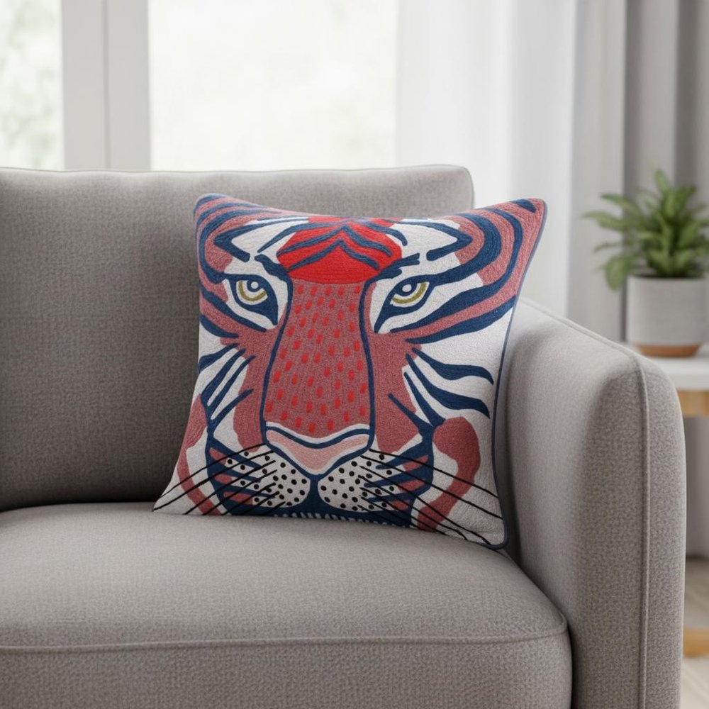 20" Red And Blue Cotton Throw Pillow Cover