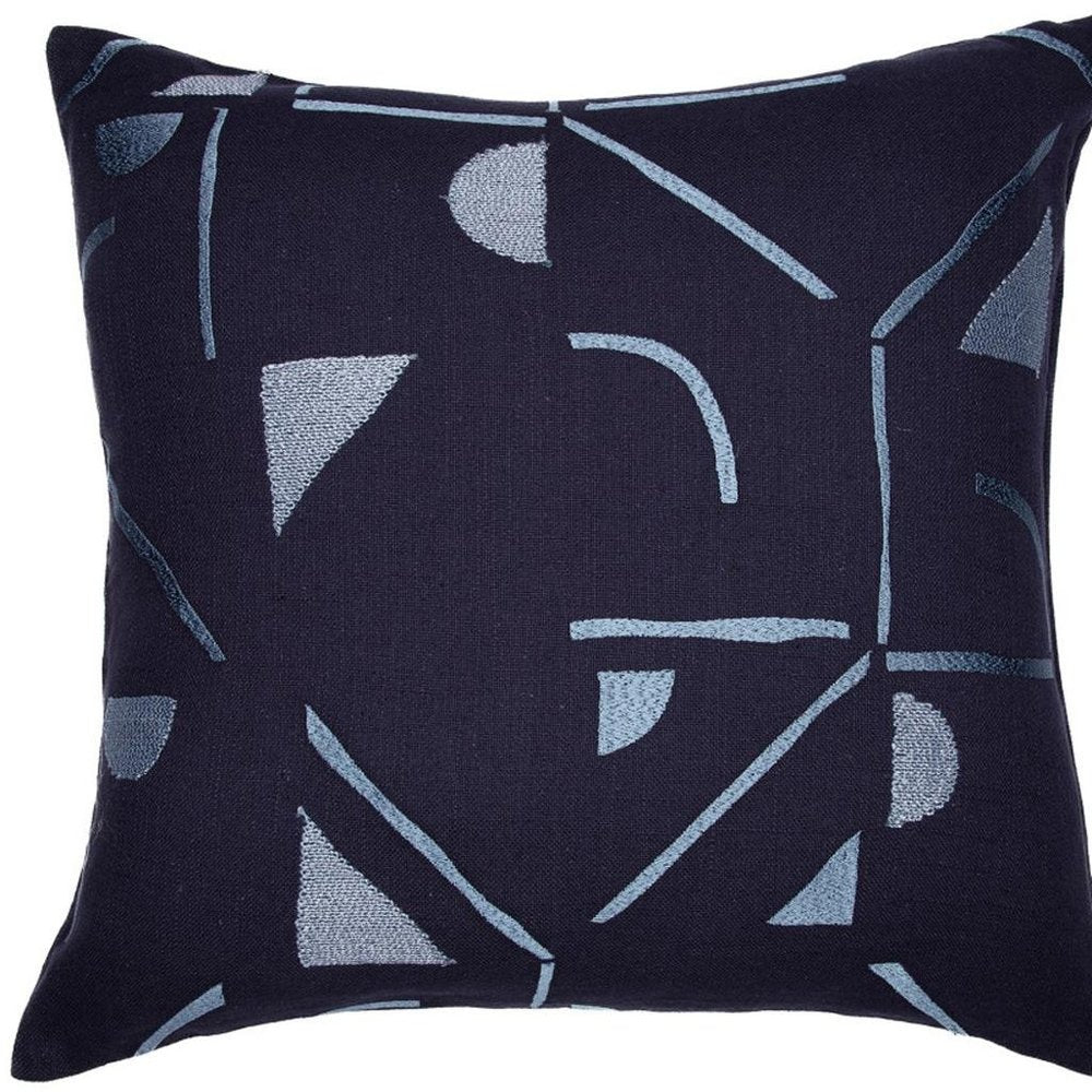 24" Ash Gray And Denim Blue Geometric Cotton Blend Throw Pillow Cover