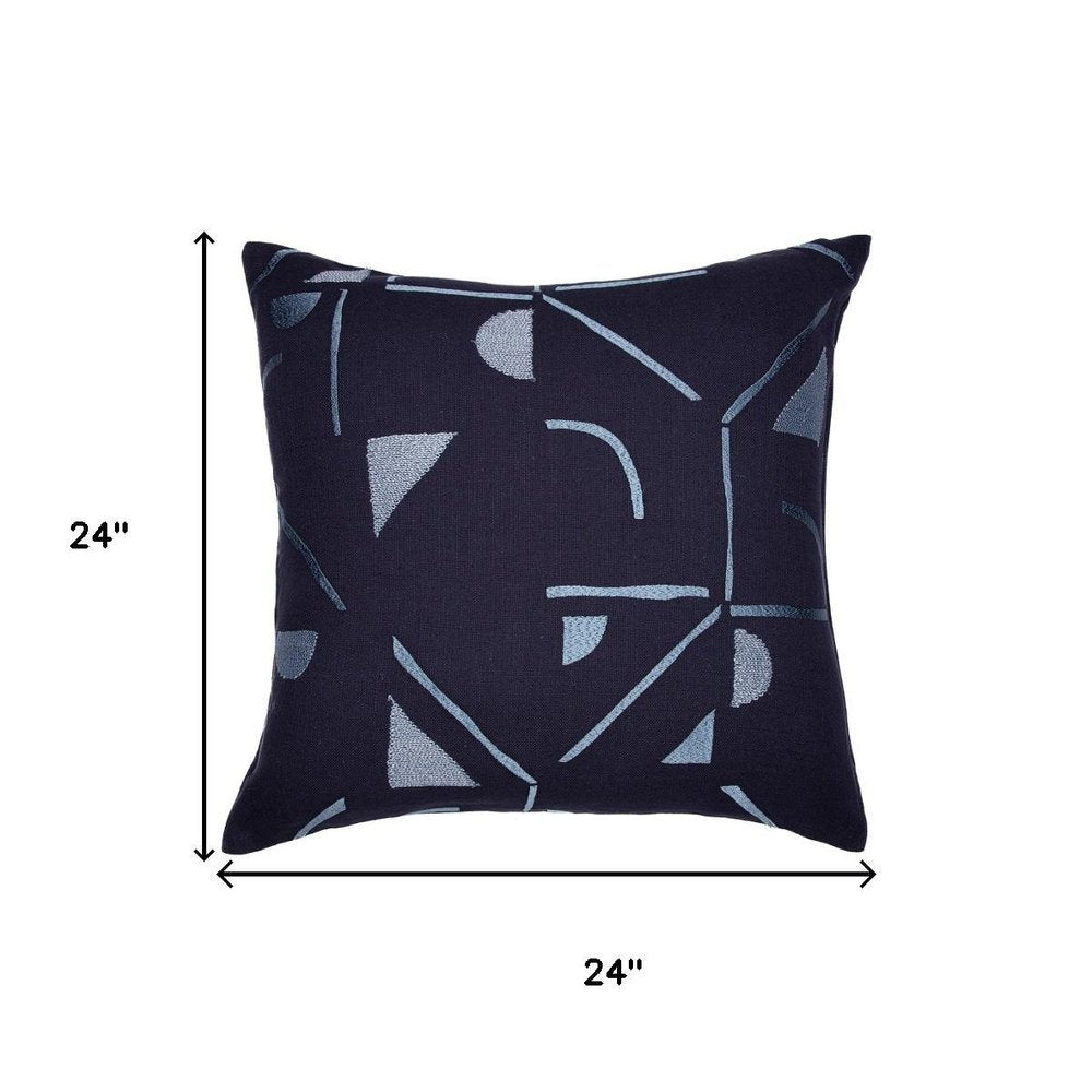 24" Ash Gray And Denim Blue Geometric Cotton Blend Throw Pillow Cover
