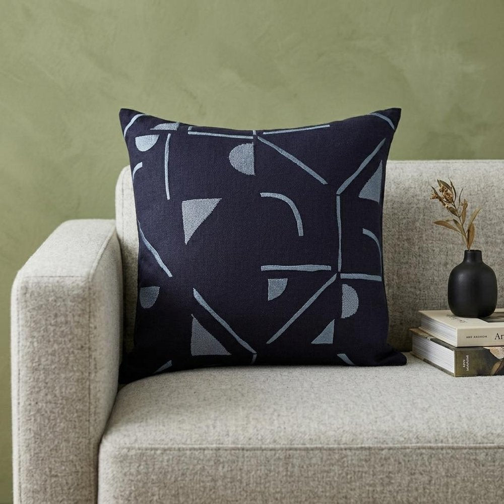 24" Ash Gray And Denim Blue Geometric Cotton Blend Throw Pillow Cover