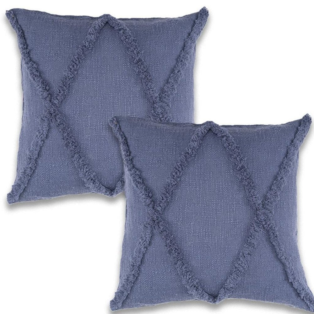 Set of Two 18" Denim Blue And Blue Diamond Cotton Throw Pillow Covers with Tufts And Texture