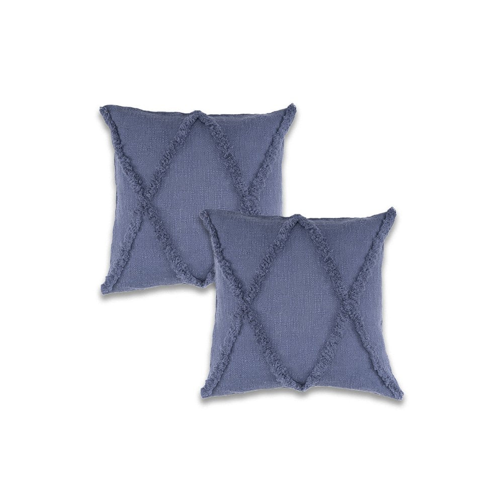 Set of Two 18" Denim Blue And Blue Diamond Cotton Throw Pillow Covers with Tufts And Texture