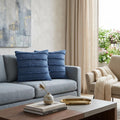 Set of Two 20" Blue Striped Cotton Throw Pillow Covers with Tufts