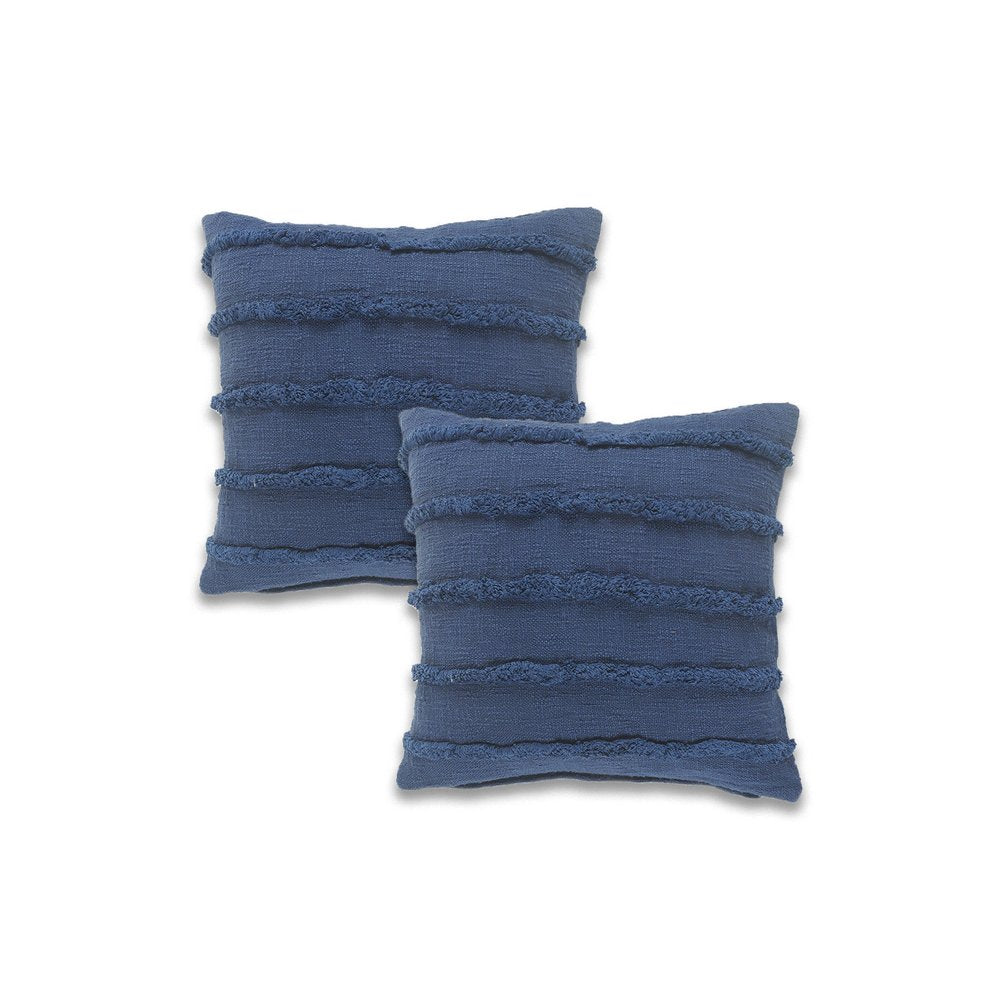 Set of Two 20" Blue Striped Cotton Throw Pillow Covers with Tufts
