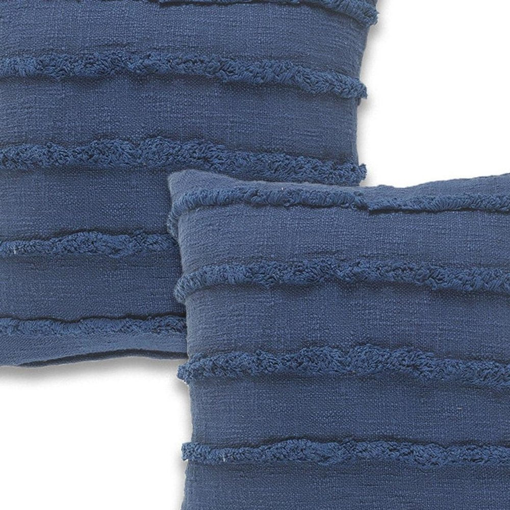 Set of Two 20" Blue Striped Cotton Throw Pillow Covers with Tufts