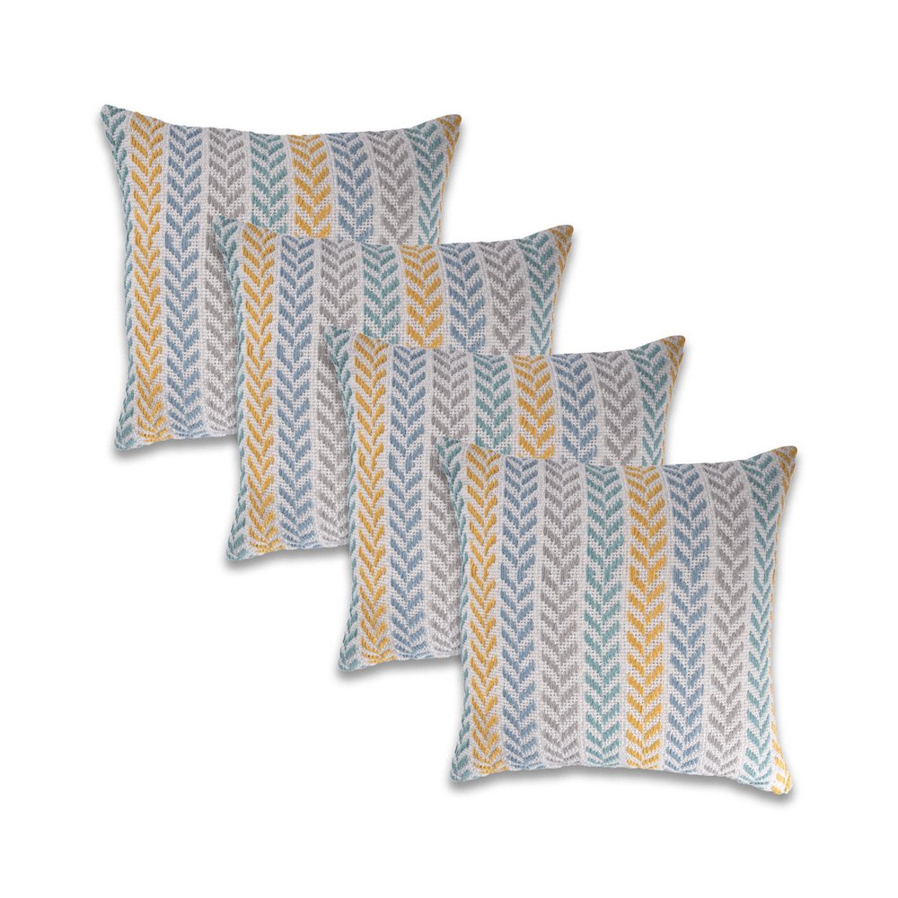 Set of Four 18" X 18" Yellow And Blue Lumbar Beach Chevron Cotton Throw Pillow Covers