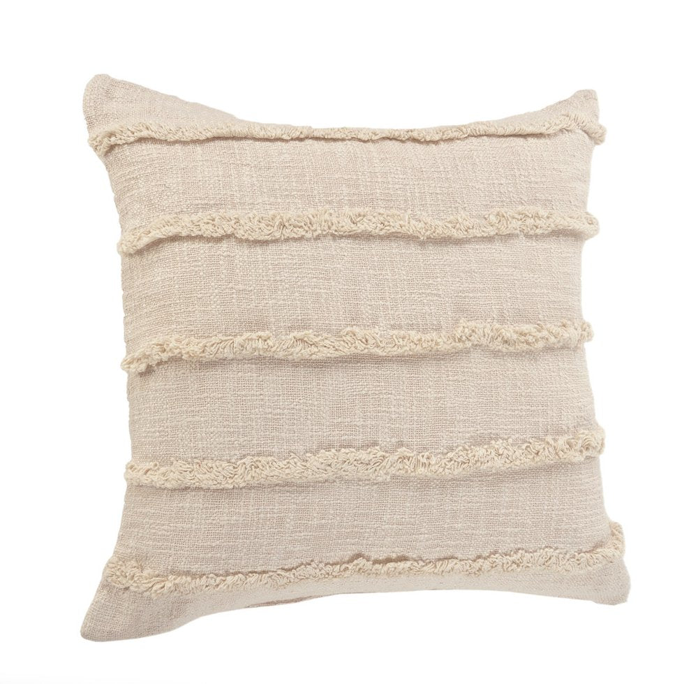 Set of Four 20" Beige Striped Cotton Throw Pillow Covers with Tufts