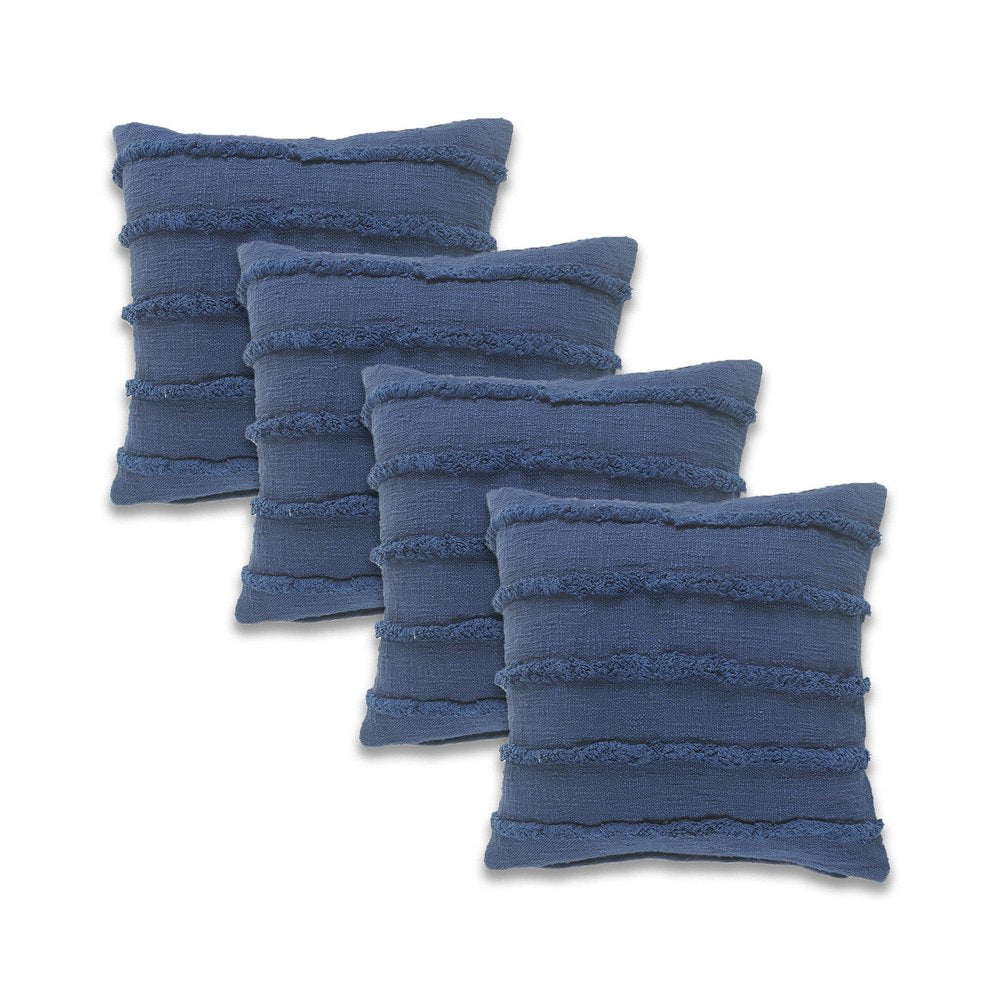 Set of Four 20" Blue Striped Cotton Throw Pillow Covers with Tufts And Texture