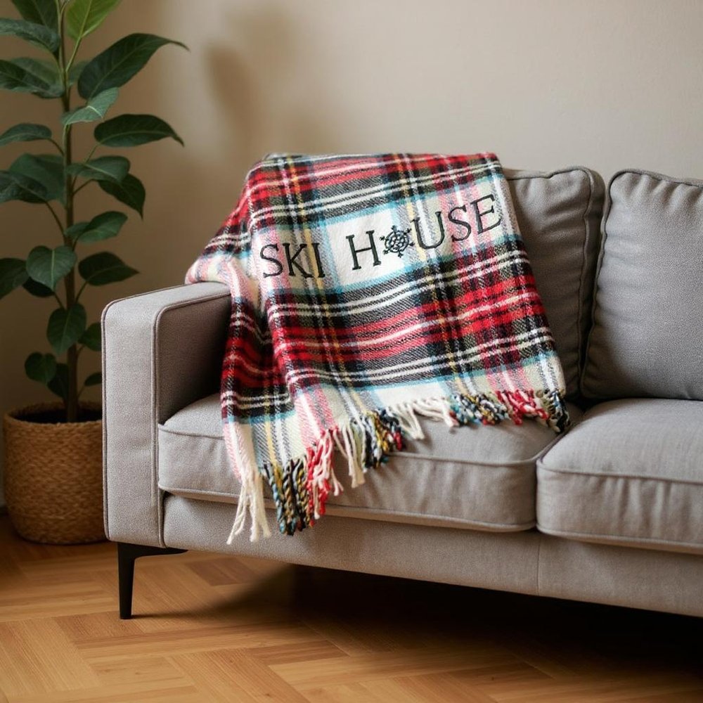 55" X 70" Black Red And White Plaid Cotton Blend Ski House Embroidered Throw Blanket with Fringe