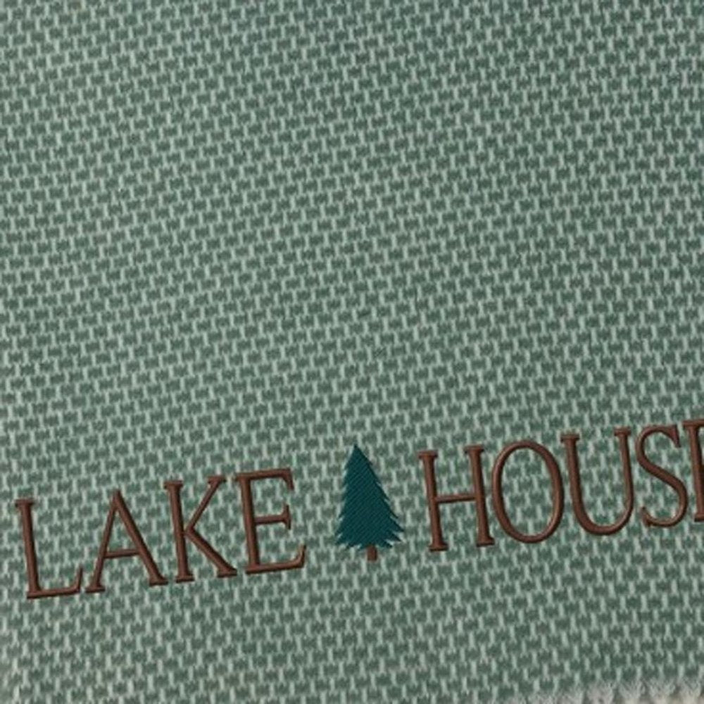 55" X 70" Sage And White Cotton Blend Lake House Embroidered Throw Blanket with Fringe