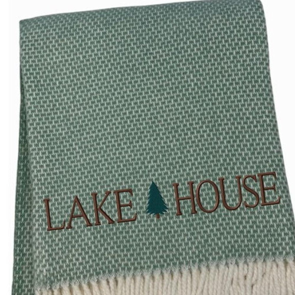 55" X 70" Sage And White Cotton Blend Lake House Embroidered Throw Blanket with Fringe