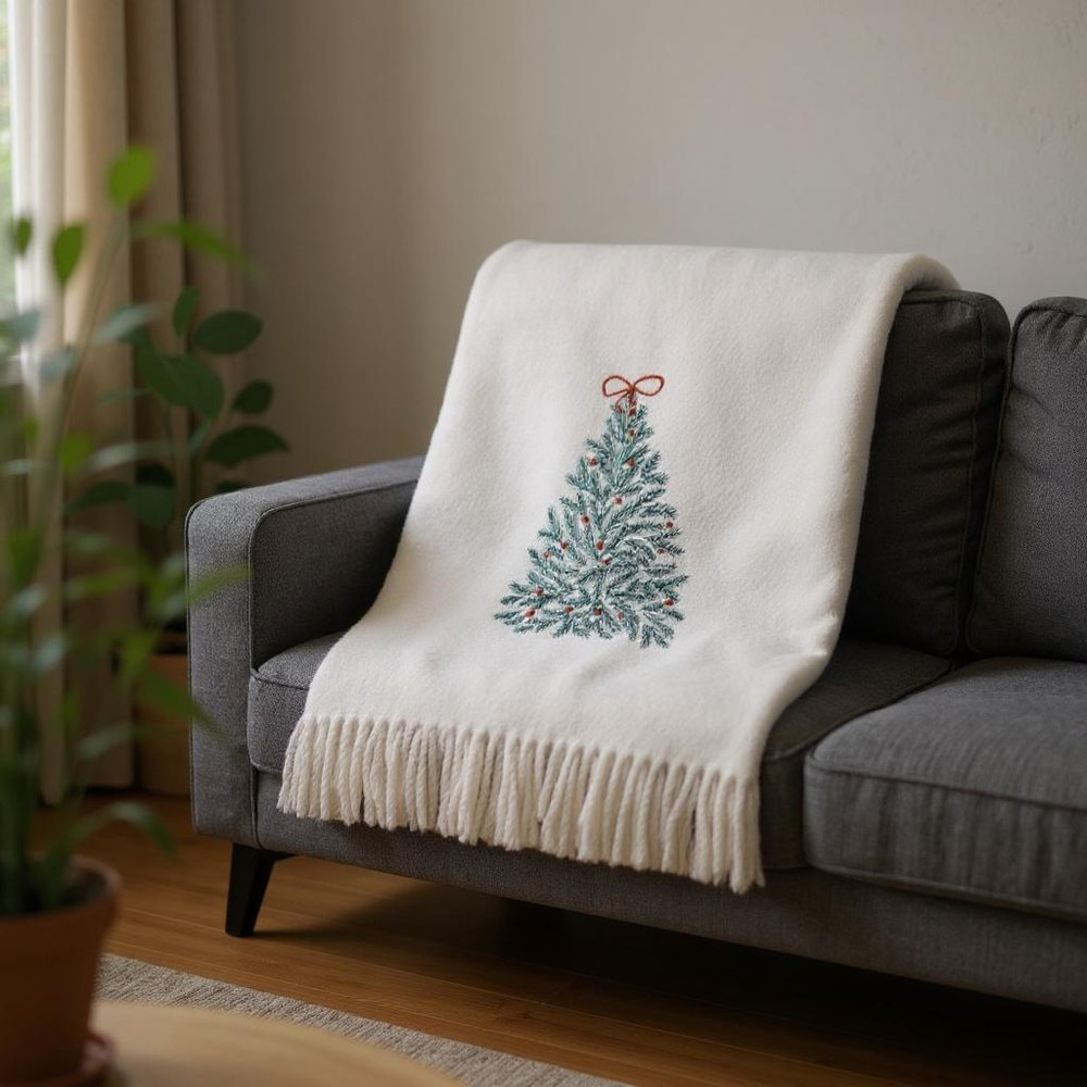 55" X 70" Cream Cotton Blend Woven Christmas Tree Embroidered Throw Blanket with Fringe