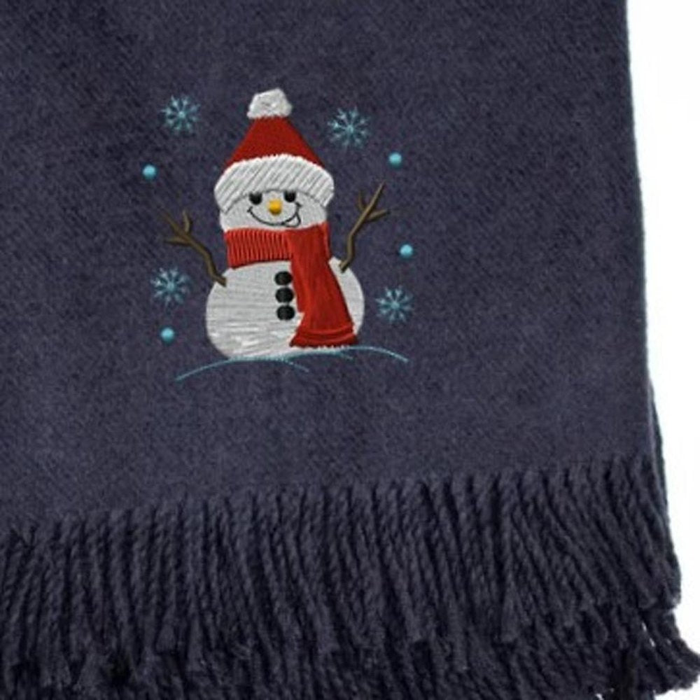 55" X 70" Navy BlueCotton Blend Woven Snowman Embroidered Throw Blanket with Fringe