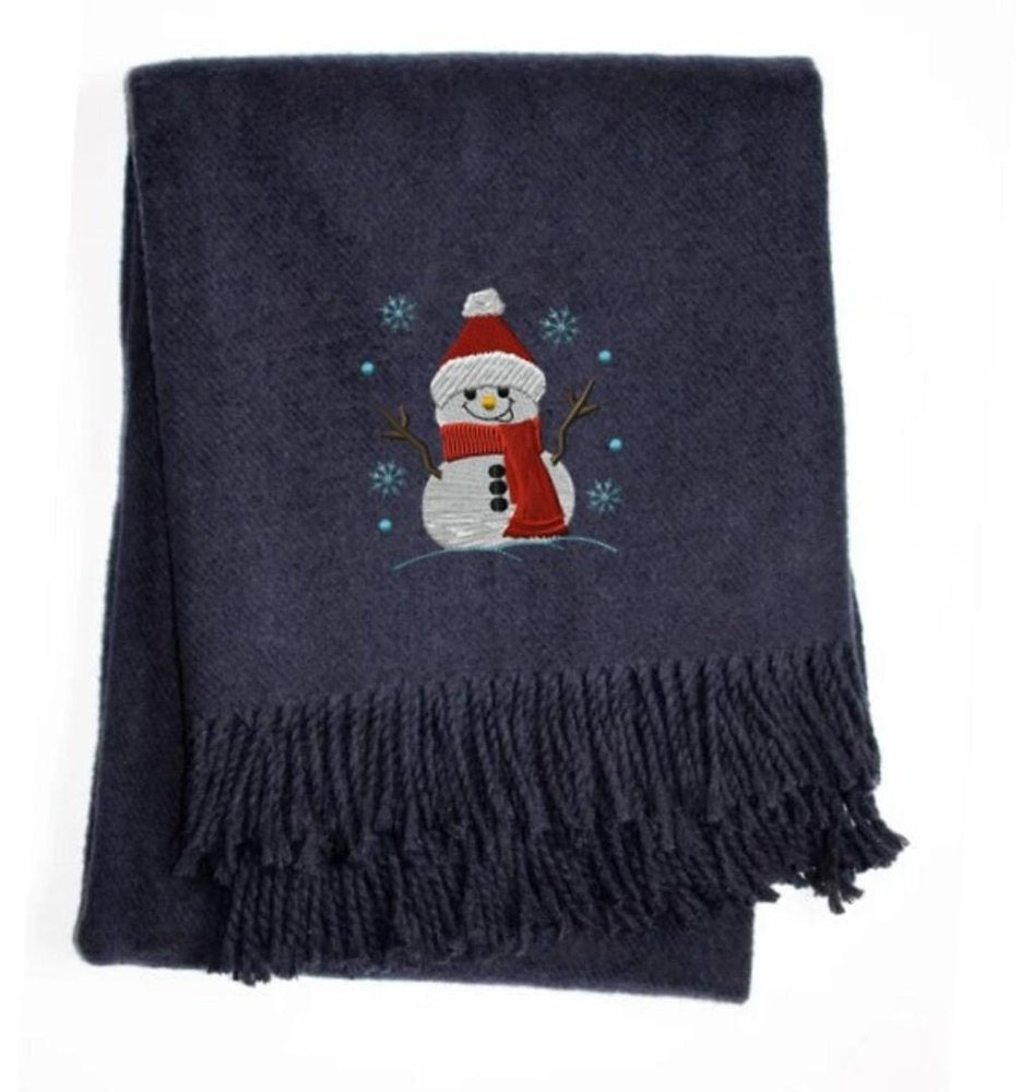 55" X 70" Navy BlueCotton Blend Woven Snowman Embroidered Throw Blanket with Fringe