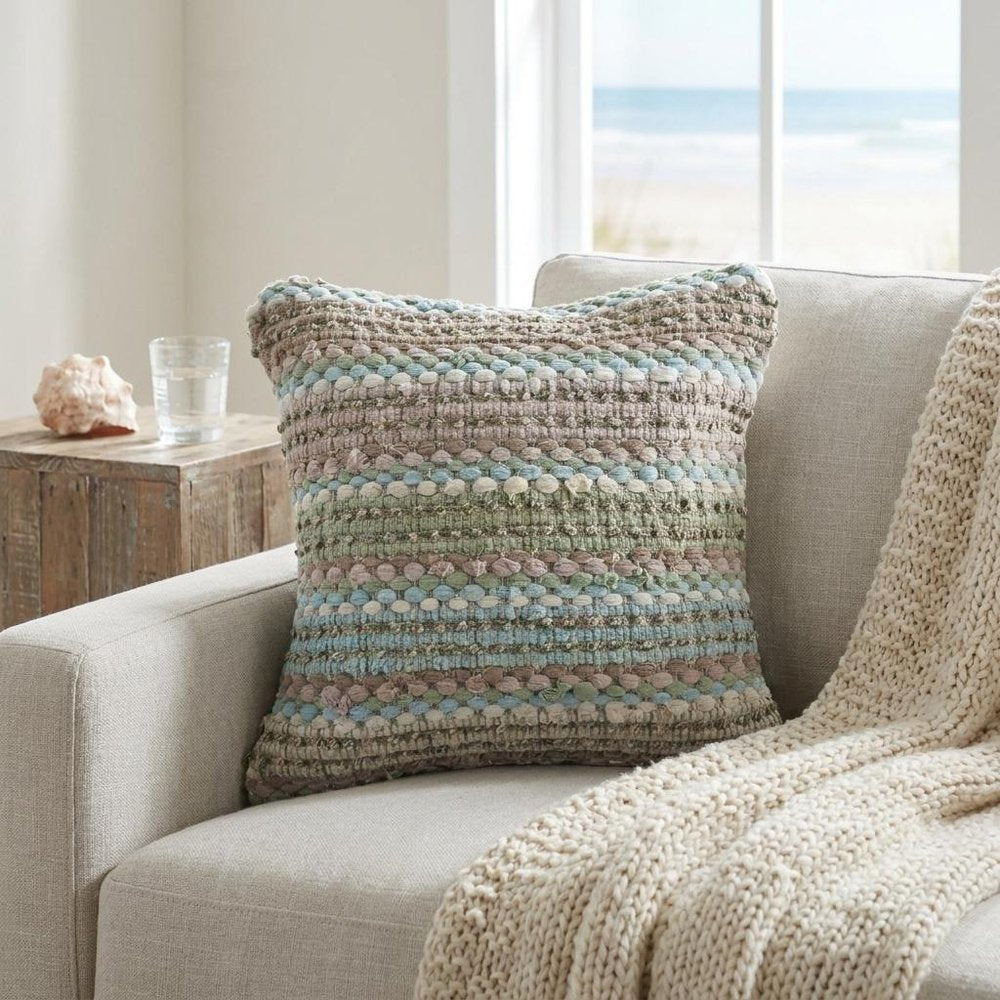18" Green And Blue Beach Striped Cotton Blend Throw Pillow Cover