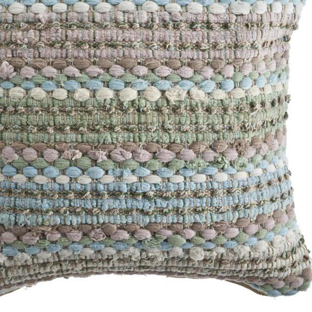 18" Green And Blue Beach Striped Cotton Blend Throw Pillow Cover