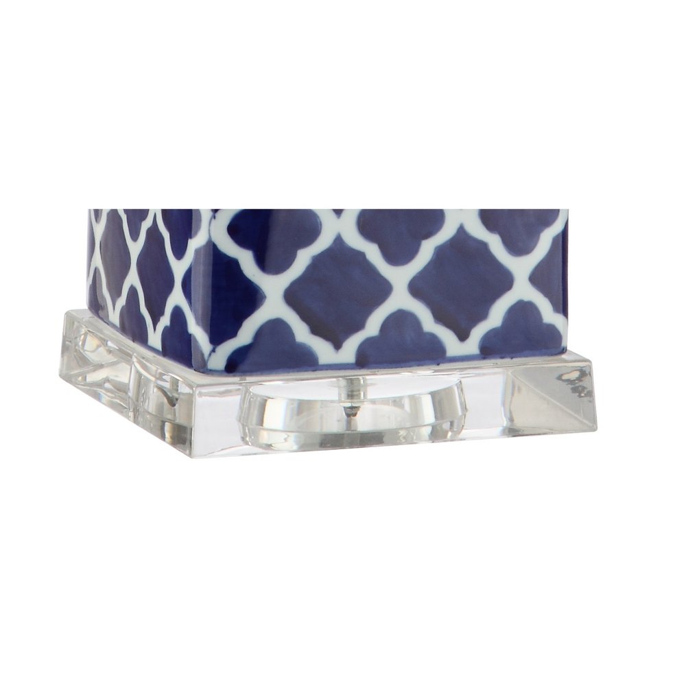 23" Clear Navy Blue And White Geometric Table Lamp With Drum Shade
