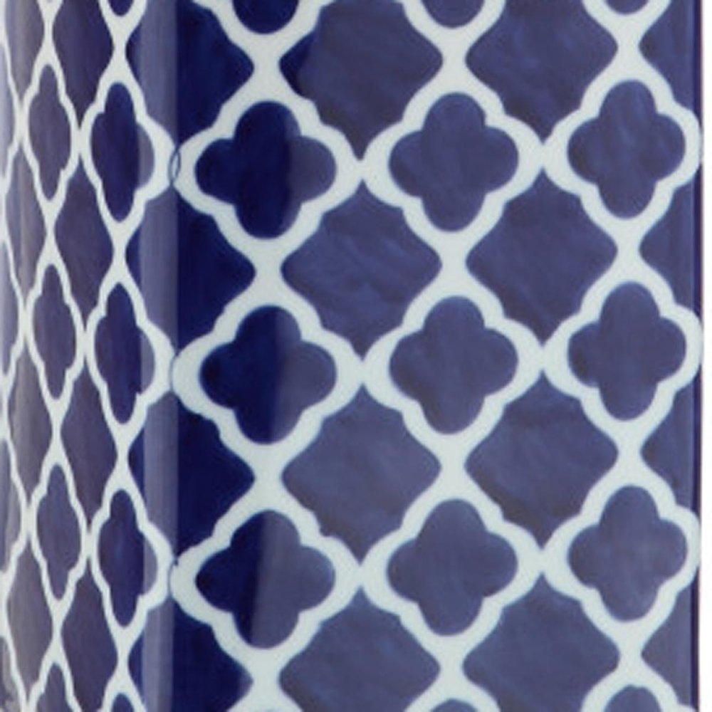 23" Clear Navy Blue And White Geometric Table Lamp With Drum Shade