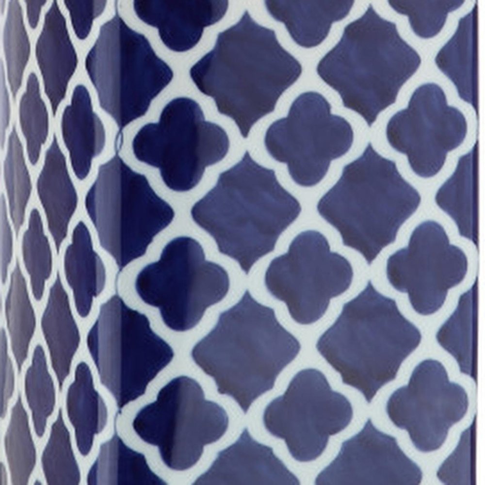 23" Clear Navy Blue And White Geometric Table Lamp With Drum Shade