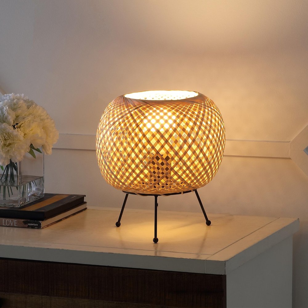11" Natural And Black Woven Rattan Lantern Desk Lamp