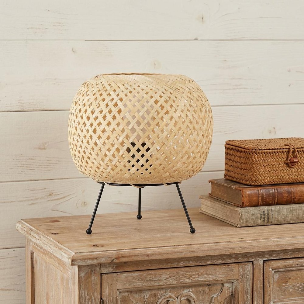 11" Natural And Black Woven Rattan Lantern Desk Lamp