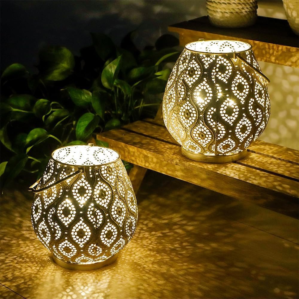Set of Two 10" Beige Pierced Geometric Cordless Lantern Lamps